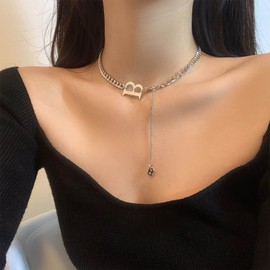 Yienate Punk Initial B Choker Necklace Vintage Silver Letter B Pendant Necklace Monogram Name Y Necklace Chunky Cuban Link Chain Choker Rock Statement B Necklace Jewelry for Women and Girls