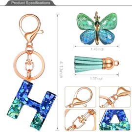JINGUAZI Initial letter Keychains for Women Tassel Butterfly Pink Purple Cute Car Keychain for Wallet Backpack bag charm, H-blue Green, Keychains