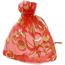AnsonsImages 100pcs Red Gold Organza Drawstring Pouches Wedding Favor Bags Jewelry Gift Bathroom Soaps Nail Polish Potpourri Organizer Business Samples Display Party Baby Shower Favors 4x4 inch