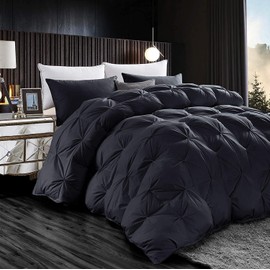 Luxurious All-Season Goose Down Feather Fiber Comforter Queen Size Duvet Insert, Exquisite Black Pinch Pleat Design, Premium Baffle Box, 100% Egyptian Cotton Cover, 65 oz. Fill Weight, Black