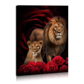 Typruye Lion Framed Canvas Wall Art Red Rose Decor Lion Animal Canvas Print Enchanting Decor for Living Room Home Bedroom Ready to Hang 12"x16"