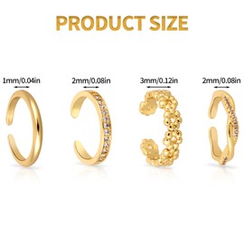 Mikovivi 4pcs Adjustable Toe Rings for Women, 4 Styles Non-Tarnish Diamond Flower Plain Open Toe Ring Beach Foot Jewelry for Women (Gold)