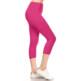 Leggings Depot Women's 3" Waistband Yoga High Waisted Solid Leggings Pants (Capri, Neon Fuchsia, One Size)