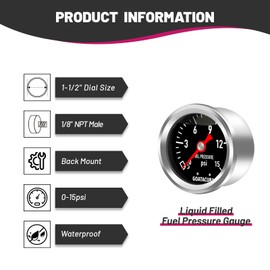 GOATACURA 0-15psi Glycerin Filled Fuel Pressure Gauge, 1-1/2" Black Dial Size, 304 Stainless Steel Case, 1/8" NPT Center Back Mount, with High Accuracy, for Measuring Fuel Pressure