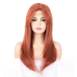 VEBONNY Copper Red Bob Lace Wig with Fringe, Synthetic Auburn Ginger Layered Wigs for Women, Natural Straight, Glue-Free, Shoulder Length Lace Front Wig, 16 Inches, VEBONNY-806