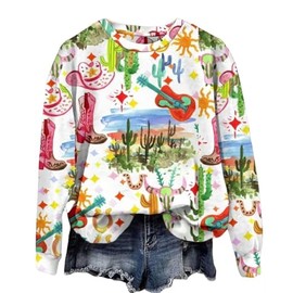 AIMITAG Cowboys Boots Print Sweatshirt Women Long Live Western Vintage Cowgirl Graphic Shirts Boho Country Music Pullover(Large,White)
