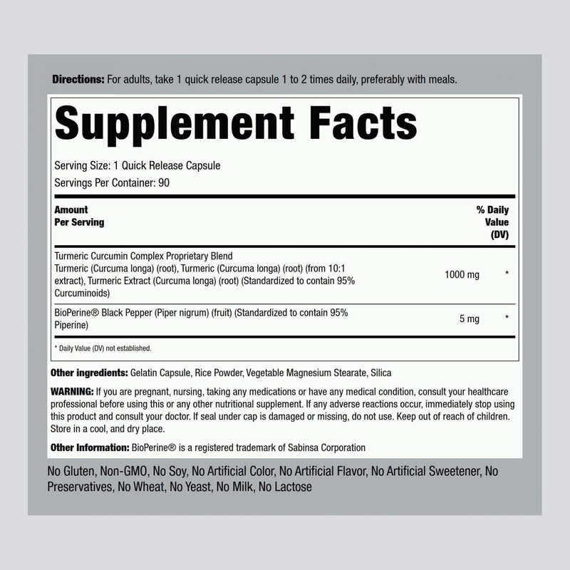 Piping Rock Turmeric Curcumin with Black Pepper 1000mg | 90