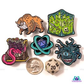 Pin Pals (Set of 5) | D&D Inspired Enamel Pins, Dungeons and Dragons Creature Pins, Owlbear Mimic Gelatinous Cube Beholder, Cute D&D Acessories