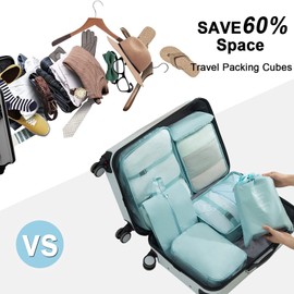 7 Set Packing Cubes for Suitcases, Expandable Luggage Packing Organizers for Travel Accessories, Durable and Lightweight Travel Essential Storage Bags for Woman & Man (Blue)