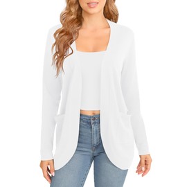 EXCHIC Women's Elegant Lightweight Long Sleeve Cardigan Curved Hem Open Front Knit Sweater with Pockets(White, M)