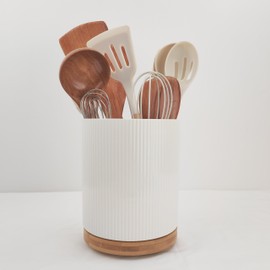 UDNORDGLOW Ceramic Utensil Holder, 7.76" 3.5L Wooden Non-Slip Base 360°Rotating Design for Kitchen Countertop Farmhouse Decor (white)