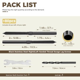 WAYSKA 80 Pack T316 Black Stainless Steel Right&Left Handed Thread Swage Lag Screws for Wood Post of 1/8" Black Cable Railing Hardware Kit and DIY Stair Baluster Hardware, Wrench Included