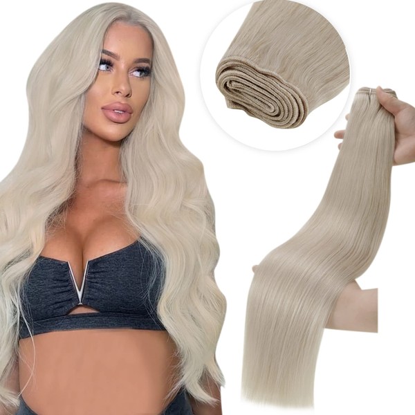 LaaVoo Weft Extensions Real Hair for Sewing 60 cm Blonde Real Hair Wefts for Sewing Platinum Blonde Sew-in Weft Hair Extensions Real Hair Straight #60 120 g