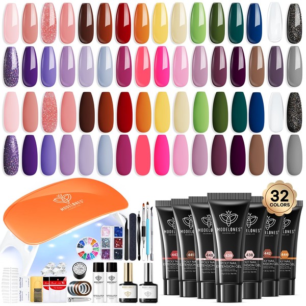 Modelones 133pcs Poly Extension Gel Nail Kit, 32 Colors All Seasons Poly Nail Gel kit with Nail Lamp Slip Solution Builder Nail kits Manicure Tools Nail Forms All In One for Starter Nail Art for Women