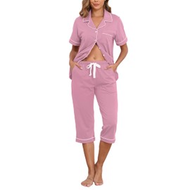 EA'S SECRET 100% Cotton Pajamas for Women Set Short Sleeve Button Down Sleepwear Capri Nightwear Pjs Loungewear(Dust Rose,M)