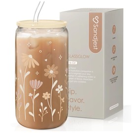 SANDJEST Flower Glass Bottle, Floral Glass Cup with Lid & Straw, Iced Coffee Aesthetic Glass Can, Idea Gift for Christmas Birthday Mother Day, Gifts for Women, 16oz