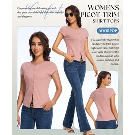 ADORPOP Ribbed Tops for Women UK - Crewneck Dressy Casual Shirts Button Up Trendy Y2K Going Out Blouse Pink Small