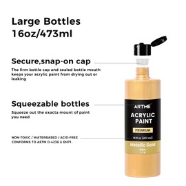 ARTME Acrylic Paint Metallic Gold, 16oz/473ml Large Bottle Gold Paint for Art Painting, Hand-crafts, Non-Toxic, Non-Fading Gold Paint Ideal for Canvas, Wood, Fabric, Ceramic, Stone Craft Supplies