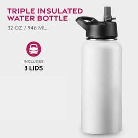 FineDine Triple Walled, Insulated Water Bottles with Straw - 32 Oz Stainless Steel Metal Bottle W/ 3 Leak Proof Lids - For Travel, School, Sports, Gym/Men, Women & Kids - Pure Pearly White