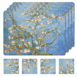Moderry Set of 4 Heat Resistant Cork Placemats for Dining Table with Free Set of 4 Matching Drink Coasters Van Gough Blue Botanical Design 16 x 12 Inches Cork Backed Hard Placemats (Almond Blossoms)
