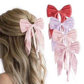 4PCS Hair Bows With Pearls And Rhinestones – Mesh Hair Bows For Girls In Pink, Nude, Red, Purple, Elegant Long Tail Bow Hair Clips