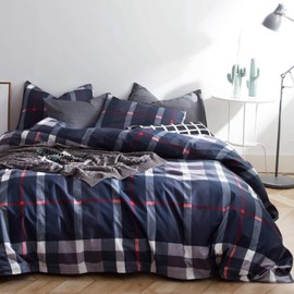Houseri Navy Blue Plaid Comforter Set - Queen Size Teen Boys Bedding with Dark Blue & White Grid Comforter, Buffalo Plaid, Tartan Checkered & Gingham Pattern
