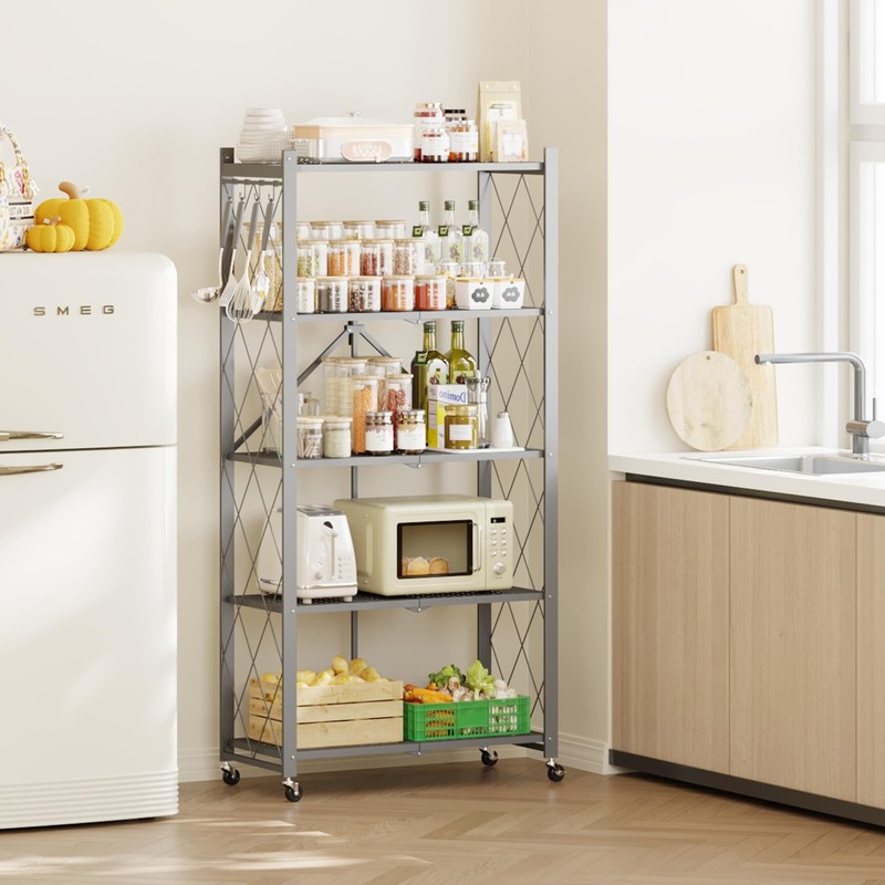 5-Tier Foldable Metal Storage Shelf with Wheels, 750 lb Capacity