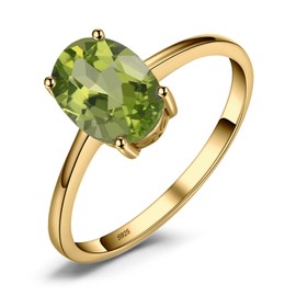 JewelryPalace Class Natural Gemstone Green Peridot Birthstone Solitaire Engagement Rings for Women, Anniversary 14k Yellow Gold Plated 925 Sterling Silver Promise Rings for Her, Jewellery Sets M
