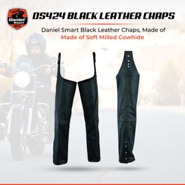 Daniel Smart Motorcycle Leather Chaps – All Season Unisex Biker Pant with Customizable Fit and Heavy-Duty Zipper and Snaps Black