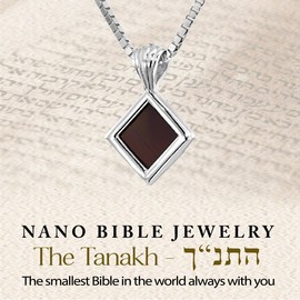Jewish Necklace with Smallest Hebrew Nano Bible - Tiny Square Rhombus Pendant Entire Tanakh Bible Holy Scriptures on 0.2" Microchip, 925 Silver Religious Jewelry Faith Gifts for Women, 18"