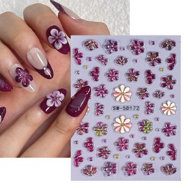 2 Sheets Flower Nail Art Stickers 5D Embossed Flower Stickers Self-Adhesive Nail Design Accessories Purple Floral Nails Supplies Pink Cherry Blossom Nails Decals for Women Spring Manicure Decoration