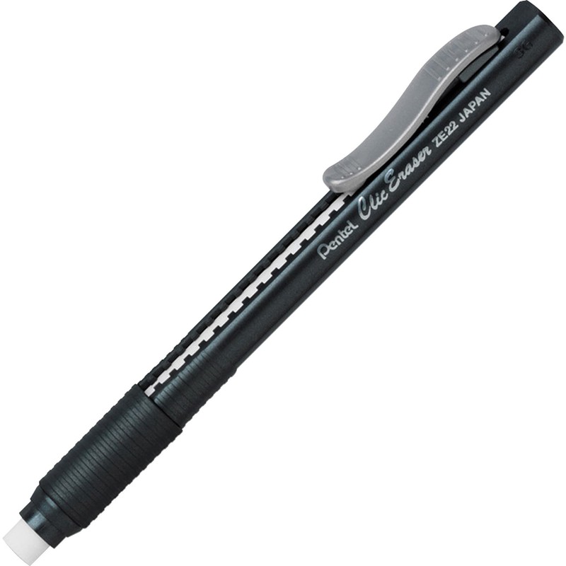 Pentel Clic Eraser, Retractable, Pocket Clip, Rubber Grip, Black Barrel