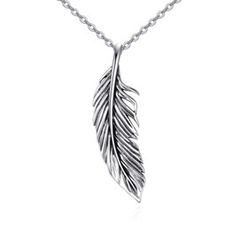 URONE Feather Chain 925 Sterling Silver Feather Pendant Necklace Women's Boho Feathers Jewellery Gifts for Women, Sterling Silver, No Gemstone
