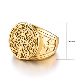 St Benedict Ring Men's Stainless Steel Christian Roman Rings Mens Catholic Saint Benedict Exorcism Ring Gift Cross Demon Protection Ghost Hunter CSPB for Men Boys Dad Boyfriend Gold Plated Size 9