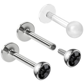 Bling Piercing 3pc 16g 6mm 1/4 Labret Stud Lip Ring Internally Threaded Snake Bite Conch Forward Helix Monroe Tragus Jet