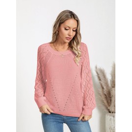 Libsorge Womens Cute Crochet Knit Hollow Out Sweater Fall Winter 2024 Spring 2025 Trendy Ladies Dressy Casual Lightweight Ribbed Crewneck Long Sleeve Pullover Top Light Pink S