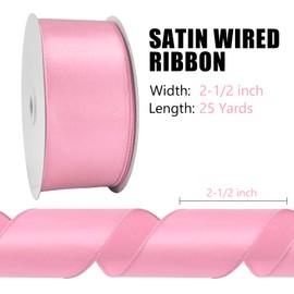BVIEAKD Pink Wired Satin Ribbon 2-1/2 Inch × 25 Yards Wired Ribbon for Gift Wrapping Crafts Home Decor Christmas Tree Bow Wedding Party