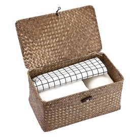 IGNPION Seagrass Storage Basket with Lid Woven Seagrass Desktop Basket Rectangular Bathroom Storage Organiser Box, Shelves & Desks Decorative Basket Multipurpose storage Hamper (Coffee, M)