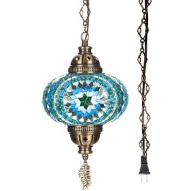 DEMMEX Plug-in Turkish Moroccan Mosaic Hanging Pendant Ceiling Light – Swag Lamp Fixture with 15ft Cord & Chain, Handcrafted Glass, Tiffany Style, Mediterranean Decor (Turquoise)