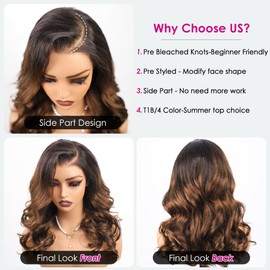 Pizazz 1B/4 Balayage Ombre Color Ready to Go Glueless Wigs Human hair Pre Bleached with Small Knots 280 Density Pre Cut 8x5 HD Lace Body Wave Wigs with C Part (T1B/4 Color, 14 Inch)