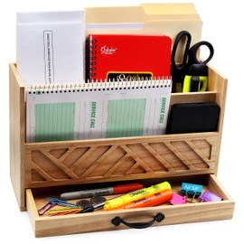 Wood Office Desk Organizers and Storage, Wood Mail Bill Organizer with Drawer for Desktop Organization, Desk Accessories & Workspace Organizers, File Paper Holder Desk Sorter for Storage(Natural Wood)