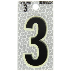 Brady 3000-3 2-3/8" Height, 1-1/2" Width, B-309 High Intensity Prismatic Reflective Sheeting, Black And Silver Color Glow-In-The-Dark/Ultra Reflective Number, Legend "3" (Pack Of 10)