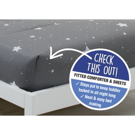 Delta Children 4 Piece Toddler Bedding Set for Boys - Reversible 2-in-1 Comforter - Includes Fitted Comforter to Keep Little Ones Snug, Bottom Sheet, Top Sheet, Pillow Case - Dusty Skies, Grey Stars