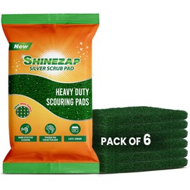 Shinezap 6 PCS Heavy Duty Scour Pads with Silver Spark Stain Cutters, Green Reusable Scouring Pads for Kitchen, Sink, Garage and Dish Cleaning, Multipurpose, Pack of 6