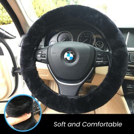 Andalus Australian Sheepskin Wool Steering Wheel Cover for Women & Men - Universal 15 Inch Steering Wheels & Accessories - Eco-Friendly Wheel Cover for Car - Car Accessories (Black)