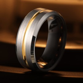 King Will Duo Mens 8mm Tungsten Carbide Ring Gold Plated Intermediate Groove Matte Brushed Finish Wedding Band 8.5