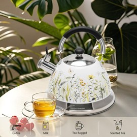 Tinlon Enamel Tea Kettle, 3.1 Quart Whistling Tea Pot for Stove Top, Food Grade 304 Stainless Steel Teapot with for Coffee, Tea, Milk etc