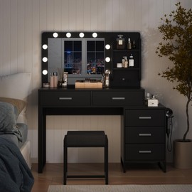 Smuxee Vanity Desk with Power Outlet and 10 LED Lights, Black Makeup Vanity with Mirror and 5 Drawers, 3 Lighting Modes Makeup Desk, Madeup Table for Bedroom
