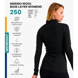 Merino Wool Base Layer Women - 100% Merino Half Zip Sweater Women Lite, Midweight, Heavyweight Thermal Shirts and Socks (Small, 250 Charcoal Grey)