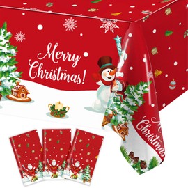3PCS Christmas Tablecloth, Winter Christmas Tree Snowflake Snowman and Santa Claus, Red Rectangular Plastic Table Cover for Party Picnic Dinner Decor 2025, 51.2X 86.6inch
